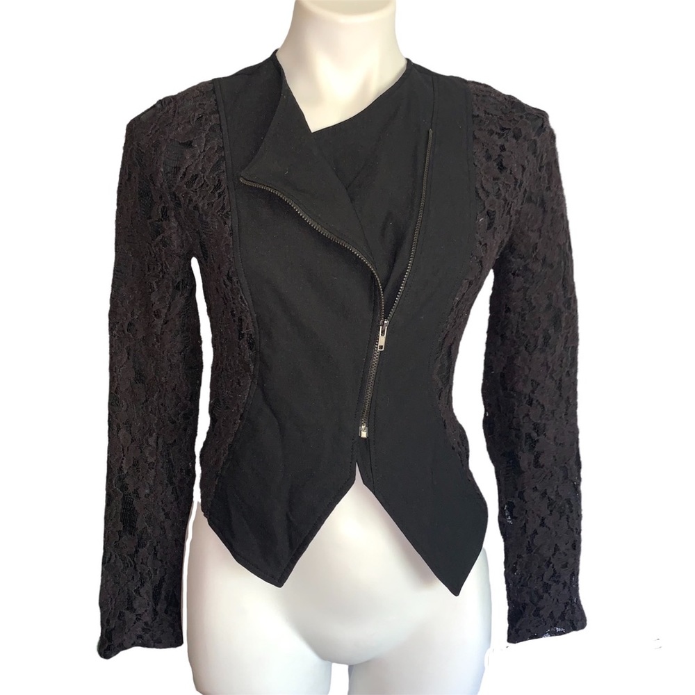 Max & Riley Bolero Moto Jacket Zippered Black Lace Asymmetric